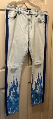 HZW Men's Blue Flame Printed Distressed Denim Jeans with Side Stripe